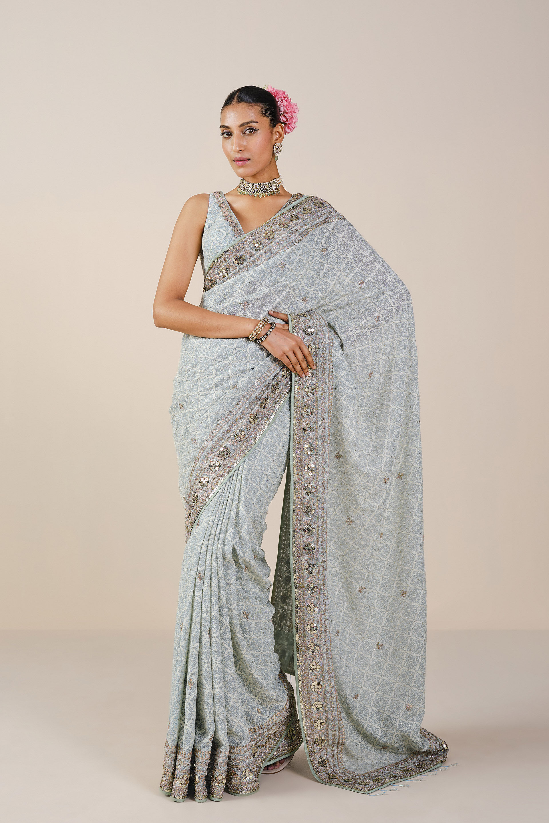 Aaloka Embroidered Georgette Saree - Powder Blue